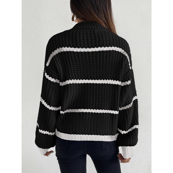Striped Mock Neck Drop Shoulder turtleneck Sweater cream black - Picture 8 of 11